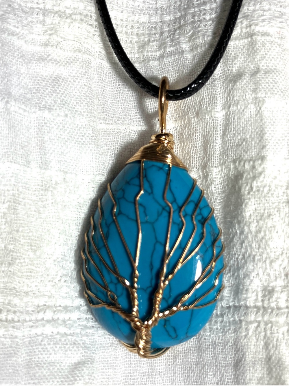 Handcrafted Turquoise Tree of Life Pendant Necklace - Gold Wire Wrap